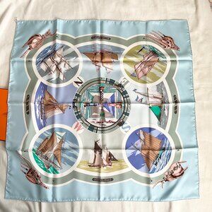 NWT W/ box Hermes boat sailing blue yellow purple square silk scarf 89 by 88 cm